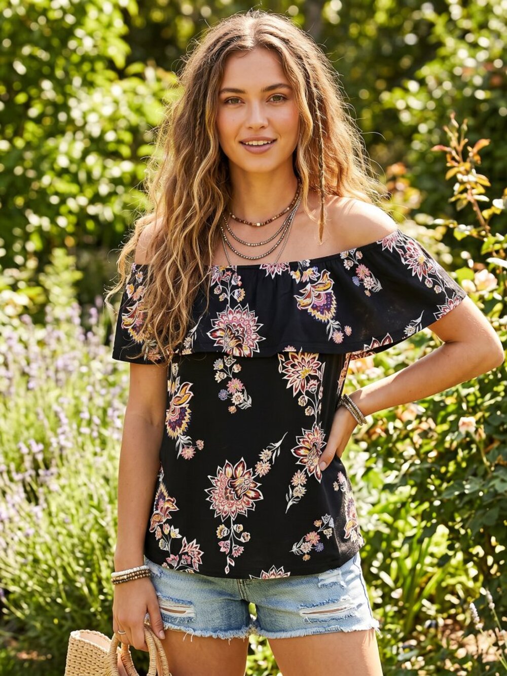 Old Navy M Floral Top Off Shoulder Ruffle Black Boho Chic Romantic Peasant Indie